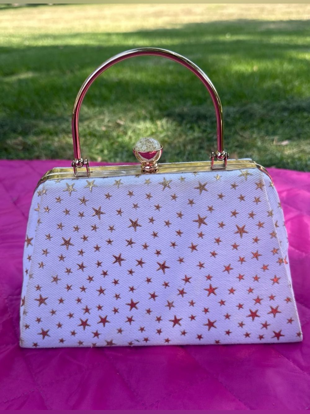 White Star-Print Top-Handle Women's Bag with Gold Accents